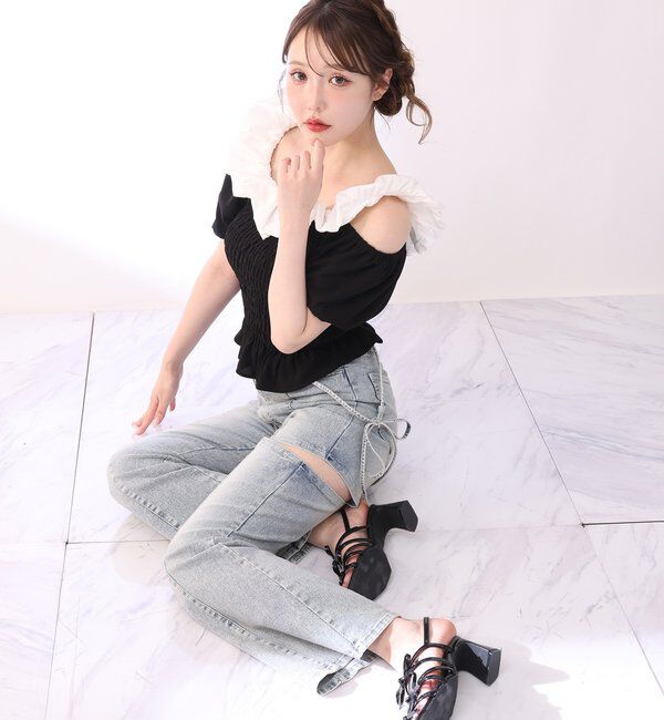  「【SMサイズ展開あり】サイドスリットリボン美脚デニムパンツ」|その他|