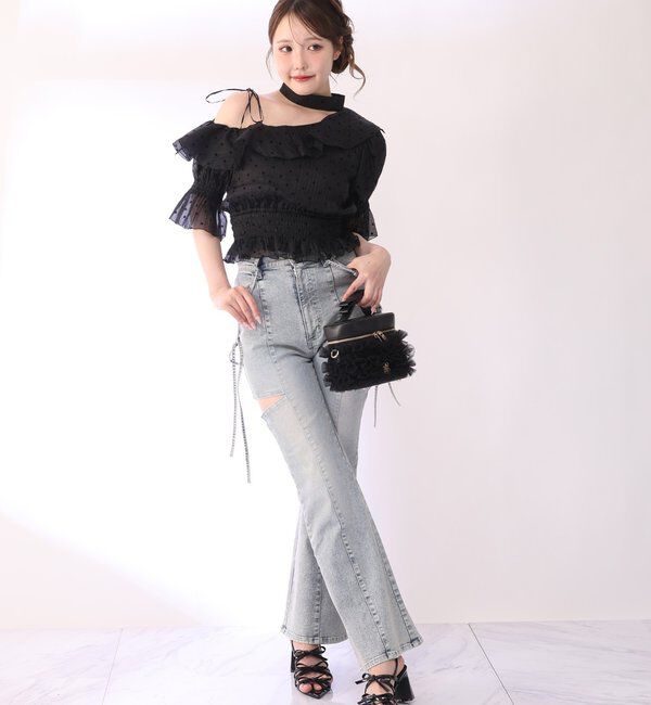  「【SMサイズ展開あり】サイドスリットリボン美脚デニムパンツ」|その他|