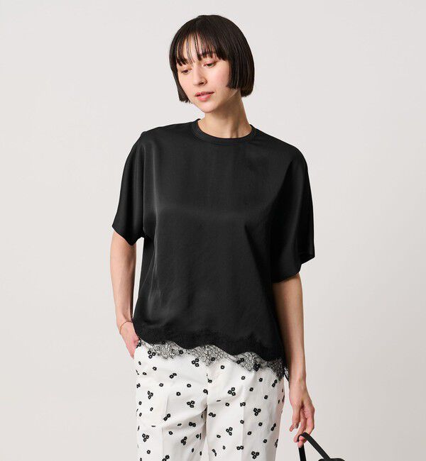 UNITED ARROWS「サテン レース コンビ ブラウス」|シャツ・ブラウス|BLACK