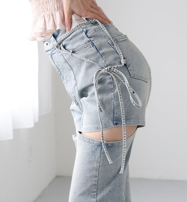  「【SMサイズ展開あり】サイドスリットリボン美脚デニムパンツ」|その他|ブルー