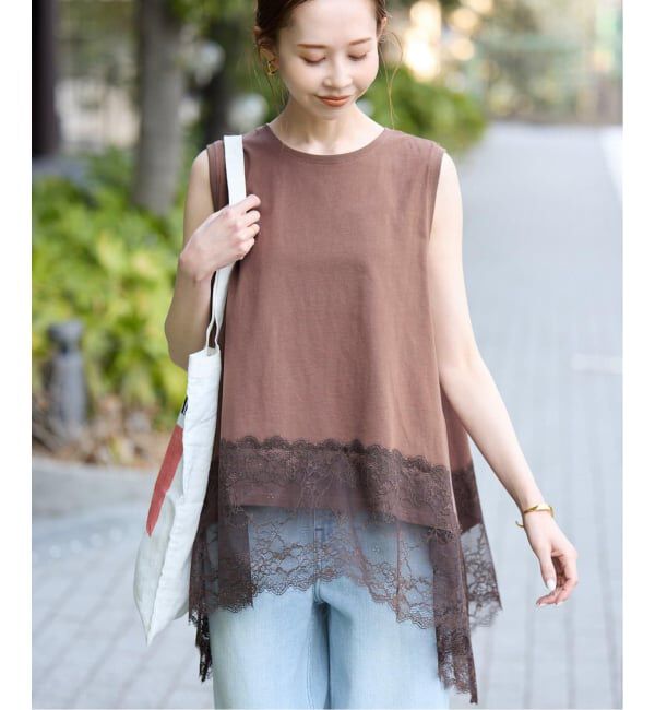 SLOBE IENA「《追加》レースコンビノースリカットソー」|Tシャツ・カットソー|ブラウン
