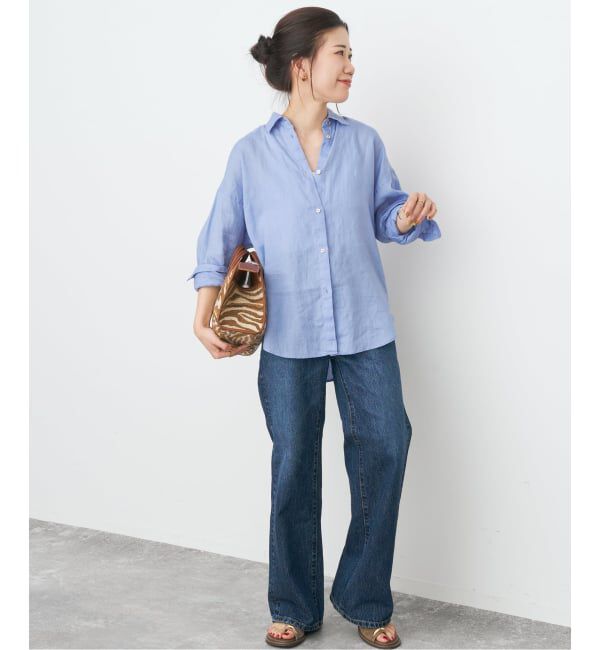 Spick and Span「《程よくすっきりサイズ / 追加予約》 80リネンカシュクール ミディシャツ」|シャツ・ブラウス|