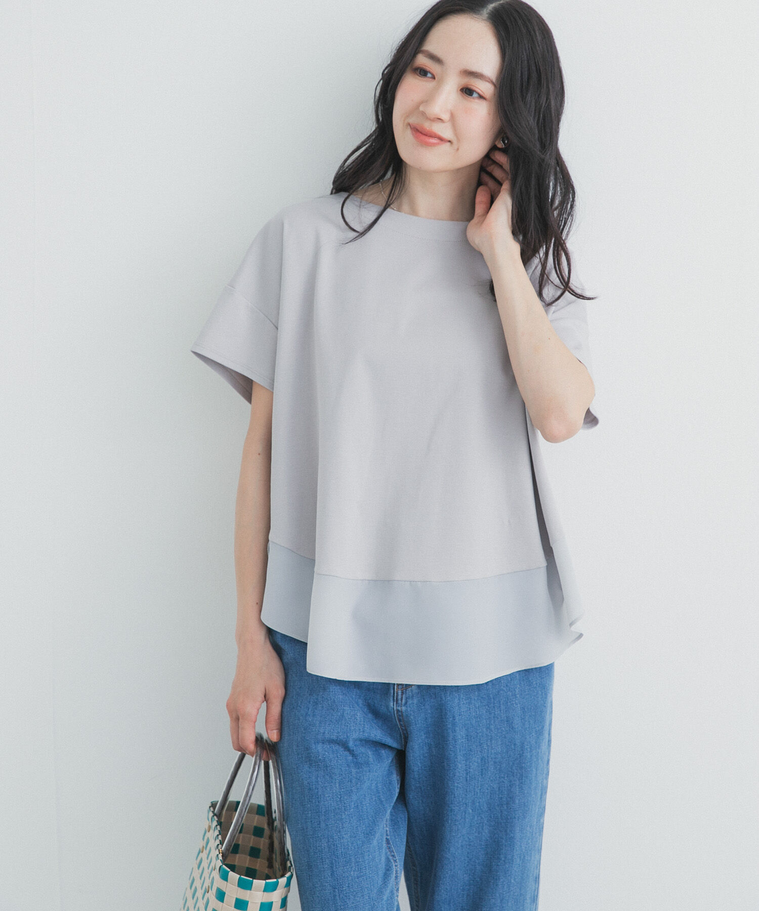 URBAN RESEARCH DOORS「異素材切替えラウンドヘムプルオーバー」|Tシャツ・カットソー|ライトグレー