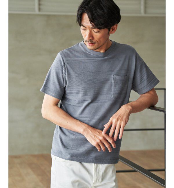 IKKA LOUNGE「冷感リップルボーダーT」|Tシャツ・カットソー|サックスブルー