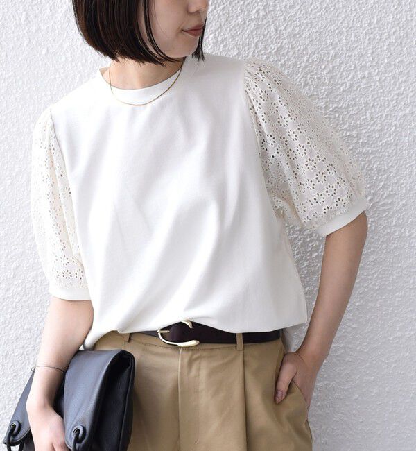 SHIPS Colors 「《一部追加予約》SHIPS Colors:〈手洗い可能〉ミニ裏毛 レース スリーブ トップス◇」|Tシャツ・カットソー|