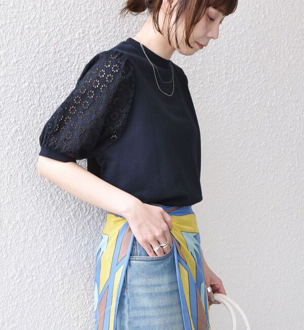 SHIPS Colors 「《一部追加予約》SHIPS Colors:〈手洗い可能〉ミニ裏毛 レース スリーブ トップス◇」|Tシャツ・カットソー|ネイビー
