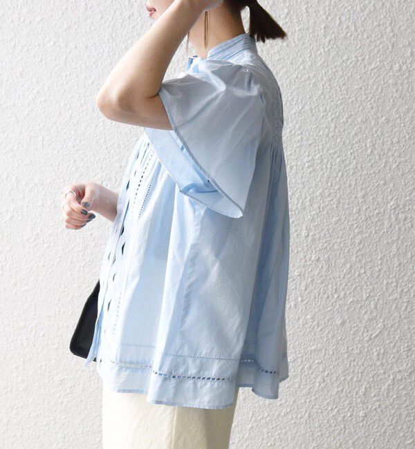 SHIPS any「《予約》SHIPS any:〈洗濯機可能〉キャンブリック スタンドカラー レース 半袖 シャツ ブラウス」|シャツ・ブラウス|