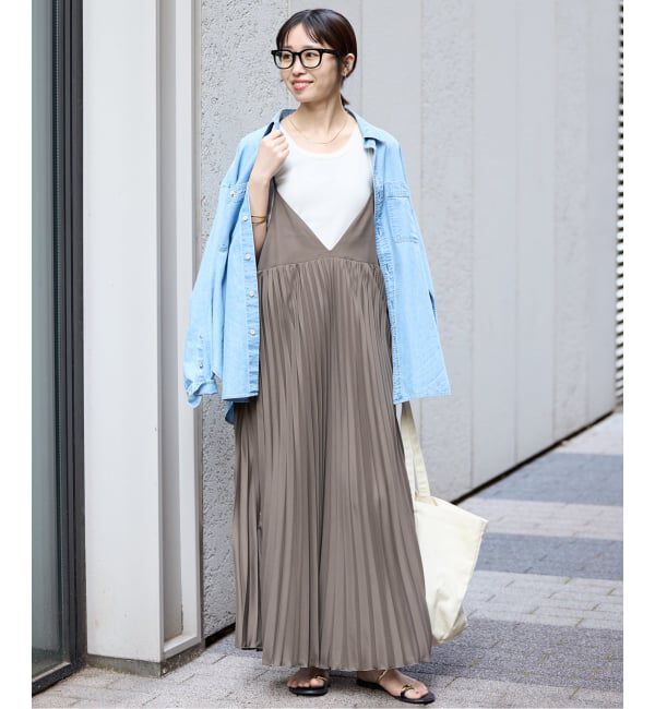 SLOBE IENA「《追加》パウダリーサテンプリーツキャミワンピース」|ワンピース|カーキ
