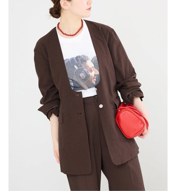 IENA「《一部カラー店舗限定》コットンサブレUネックジャケット」|ノーカラージャケット|