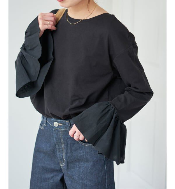 Spick and Span「《追加》フリルスリーブクルーネックTEE」|Tシャツ・カットソー|ブラック