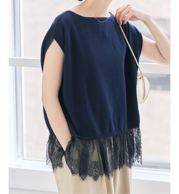 Spick and Span「《手洗い可》レースドッキング2WAYフレンチスリーブニットプルオーバー」|ニット・セーター|