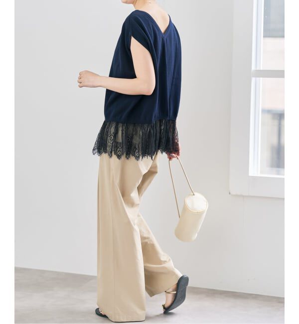 Spick and Span「《手洗い可》レースドッキング2WAYフレンチスリーブニットプルオーバー」|ニット・セーター|