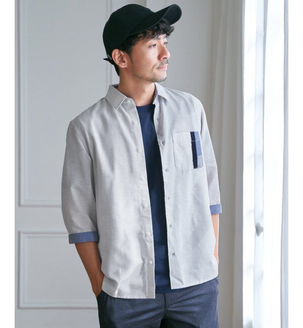 ikka「7分袖リネン混切り替えポケットシャツ」|シャツ・ブラウス|