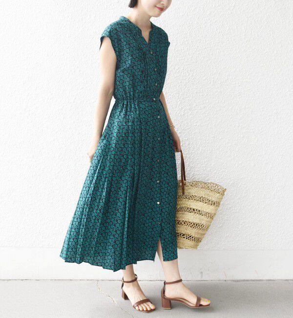 SHIPS for women「【WEB限定】〈洗濯機可能〉ドット 花柄 サイド プリーツ フレンチスリーブ ワンピース」|ワンピース|ダークグリーン