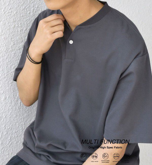 SHIPS any「SHIPS any:〈接触冷感・遮熱・UVカット機能等〉サマーファンクション 鹿の子 ヘンリーネック Tシャツ◆」|Tシャツ・カットソー|ダークグレー