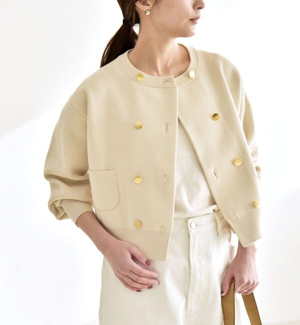 quaranciel「《一部追加予約》quaranciel:〈手洗い可能〉ノーカラー ダブル ボタン ジャケット カーディガン」|カーディガン|ベージュ