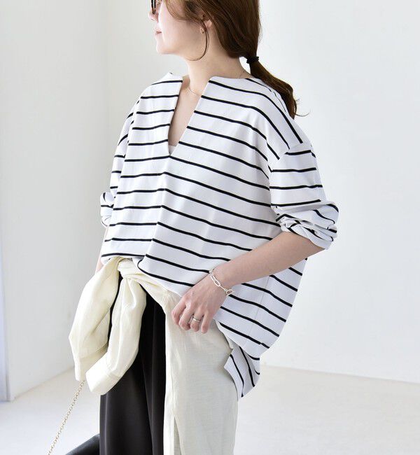 quaranciel「quaranciel:〈洗濯機可能〉ボーダー ビッグ スキッパー プルオーバー」|Tシャツ・カットソー|ネイビー