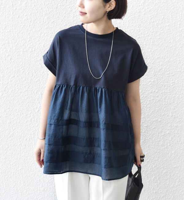 SHIPS for women「【WEB限定】〈手洗い可能〉布帛 コンビ ペプラム TEE」|Tシャツ・カットソー|ネイビー