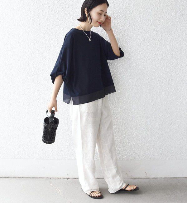 SHIPS for women「《一部追加予約》〈洗濯機可能〉袖 ツイスト デザイン シアー ドッキング TEE」|Tシャツ・カットソー|