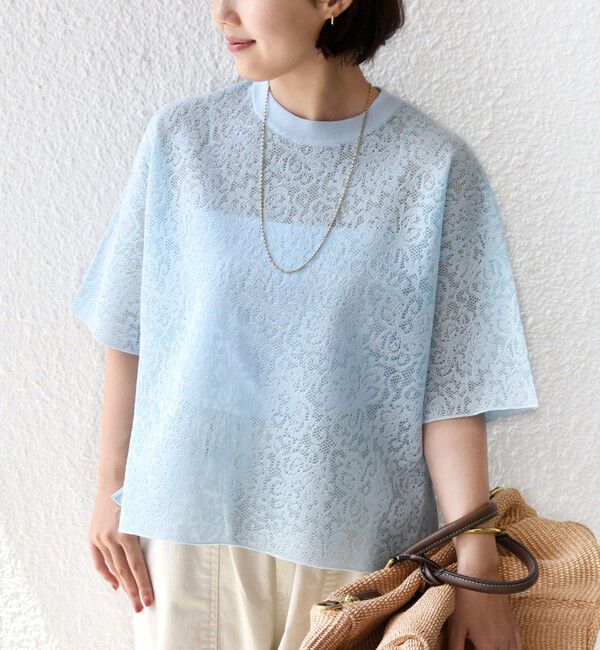 SHIPS for women「《予約》〈手洗い可能〉レース ジャカード ショートスリーブ カットソー」|Tシャツ・カットソー|ライトブルー