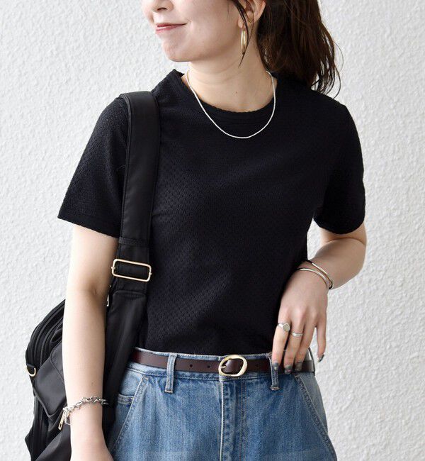 SHIPS any「《予約》SHIPS any:〈洗濯機可能〉透かし レース 半袖 クルーネック Tシャツ」|Tシャツ・カットソー|ブラック