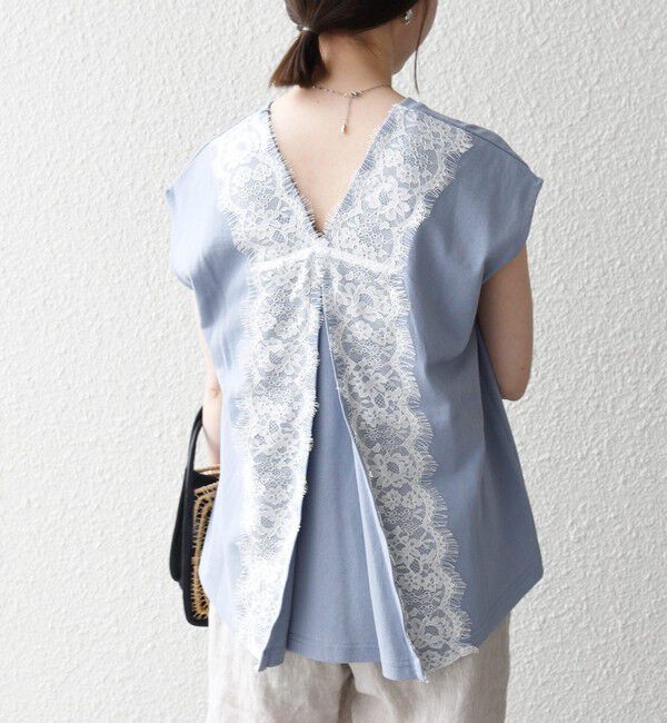 SHIPS any「《予約》SHIPS any:〈洗濯機可能〉バック レース コンビ フレンチスリーブ プルオーバー」|Tシャツ・カットソー|