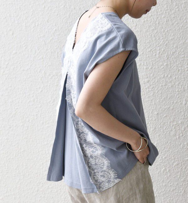 SHIPS any「《予約》SHIPS any:〈洗濯機可能〉バック レース コンビ フレンチスリーブ プルオーバー」|Tシャツ・カットソー|