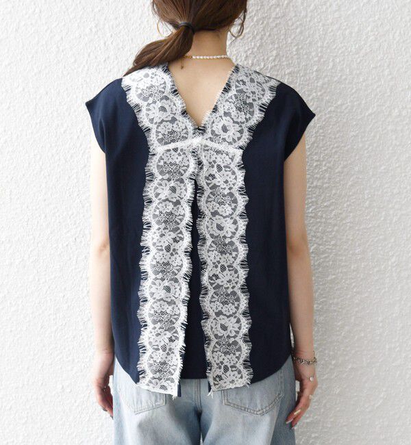 SHIPS any「《予約》SHIPS any:〈洗濯機可能〉バック レース コンビ フレンチスリーブ プルオーバー」|Tシャツ・カットソー|