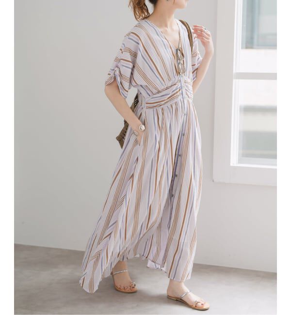 Spick and Span「《WEB限定 / 追加予約》ne Quittez pas Cotton Voile Stripe Waist Gather Dress」|ワンピース|パープル B