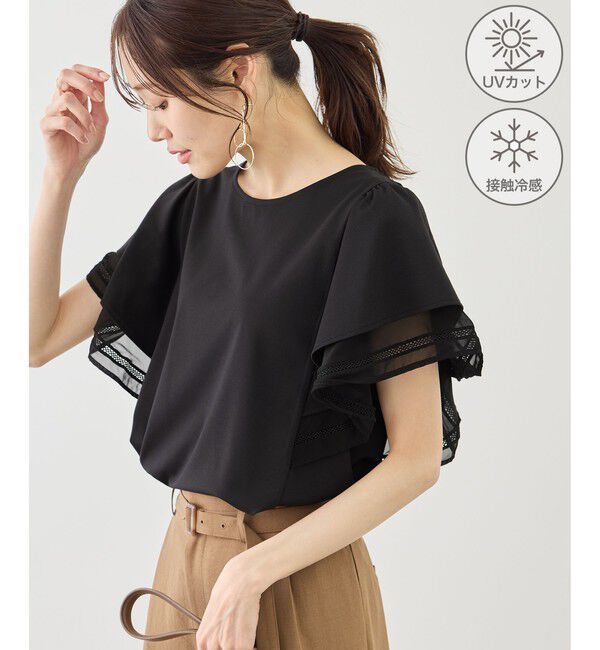 Rope&rsquo;Picnic「レースドッキングフレアスリーブカットトップス/UVカット・接触冷感」|Tシャツ・カットソー|ブラック(01)