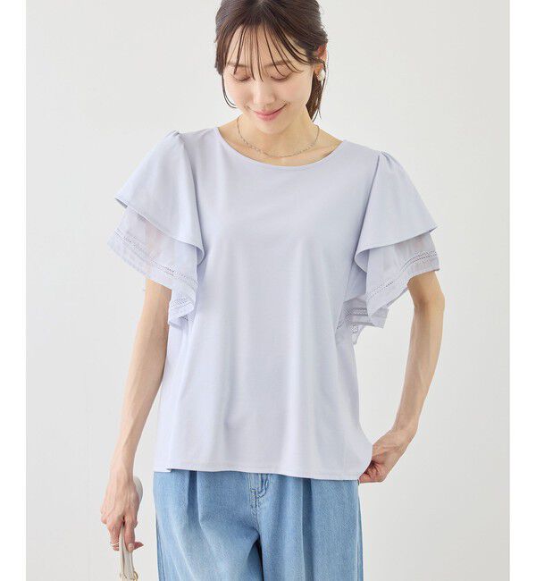 Rope&rsquo;Picnic「レースドッキングフレアスリーブカットトップス/UVカット・接触冷感」|Tシャツ・カットソー|