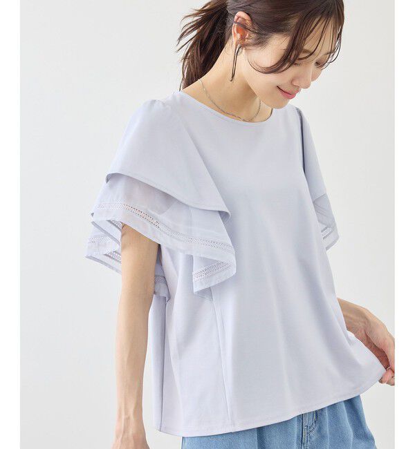 Rope&rsquo;Picnic「レースドッキングフレアスリーブカットトップス/UVカット・接触冷感」|Tシャツ・カットソー|