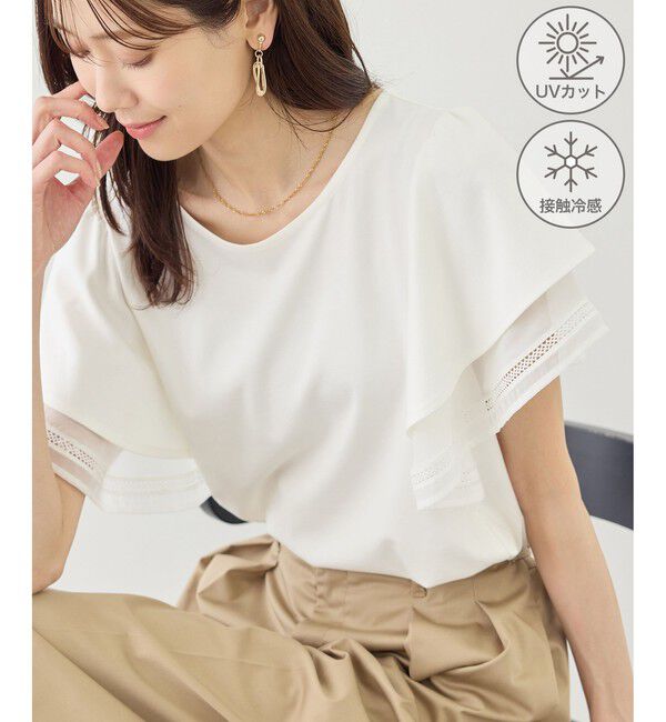 Rope&rsquo;Picnic「レースドッキングフレアスリーブカットトップス/UVカット・接触冷感」|Tシャツ・カットソー|ホワイト(10)