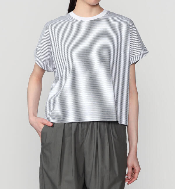 handvaerk「handvaerk | 60/2 クルーネック ワイドTシャツ STRIPE WOMEN」|Tシャツ・カットソー|WHITE系1