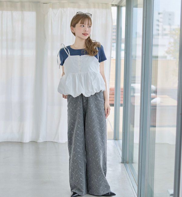  「【夏デニム/下半身痩せ/2サイズ展開】ワイドフラワーエンブロイダリーデニム」|デニム|