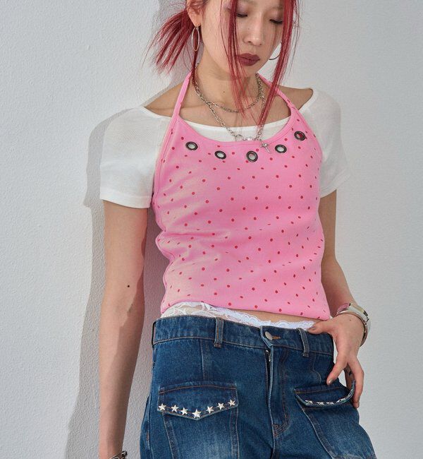  「【WEB限定】ハトメホルターレイヤード半袖トップス（ドット/無地）」|Tシャツ・カットソー|ピンク