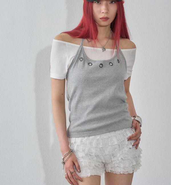  「【WEB限定】ハトメホルターレイヤード半袖トップス（ドット/無地）」|Tシャツ・カットソー|