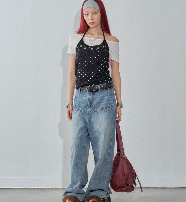  「【WEB限定】ハトメホルターレイヤード半袖トップス（ドット/無地）」|Tシャツ・カットソー|