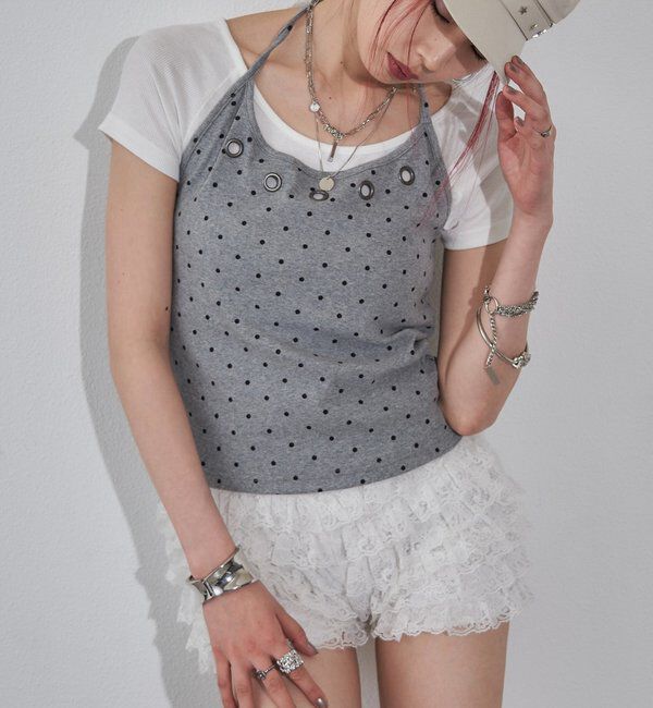  「【WEB限定】ハトメホルターレイヤード半袖トップス（ドット/無地）」|Tシャツ・カットソー|グレーその他1