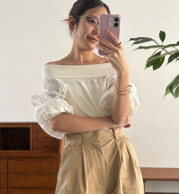  「【華奢見え◎】異素材パフオフショルＴ」|Tシャツ・カットソー|