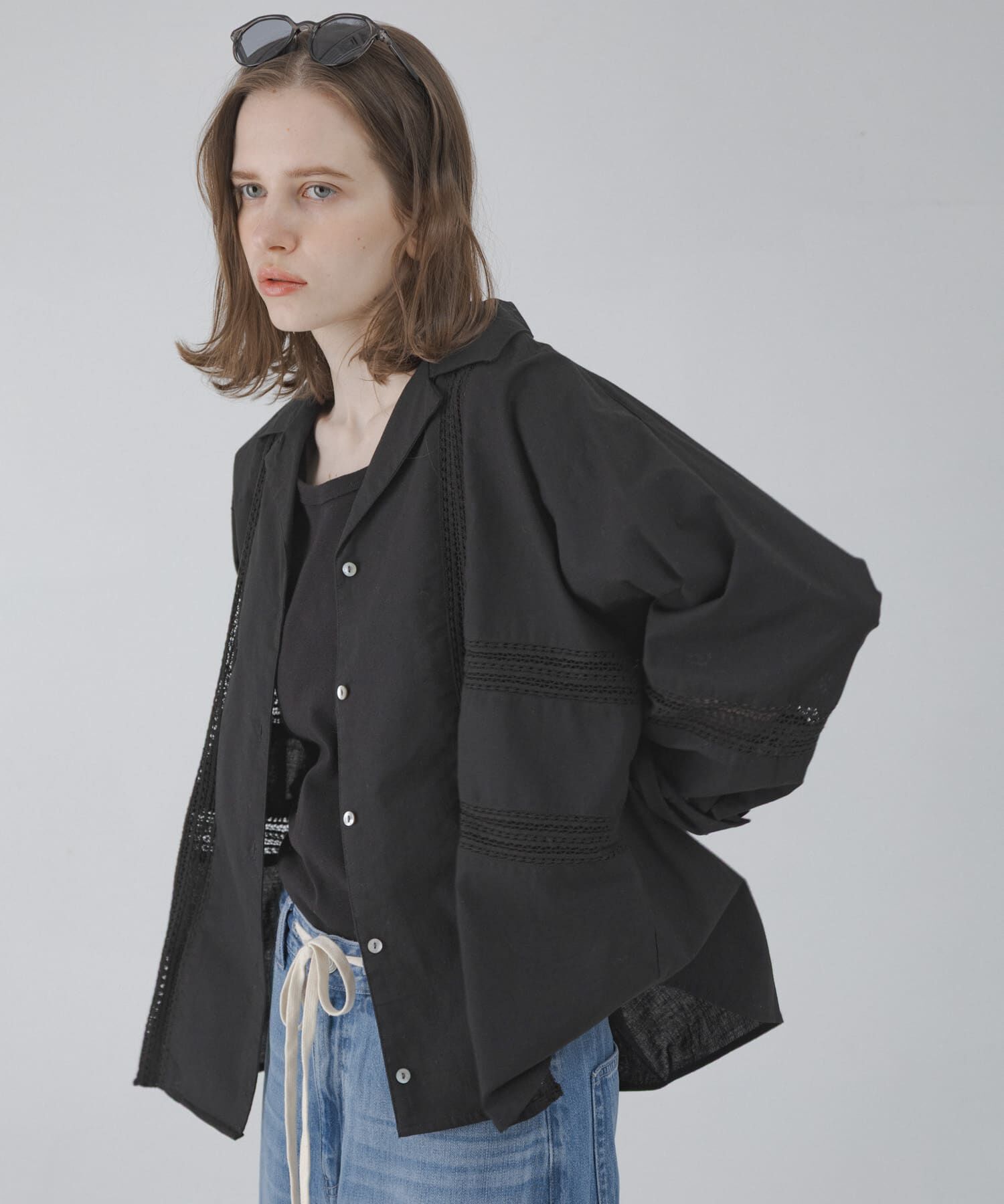 Sonny Label 「ブロッキングレースコットンシャツジャケット」|ノーカラーコート|