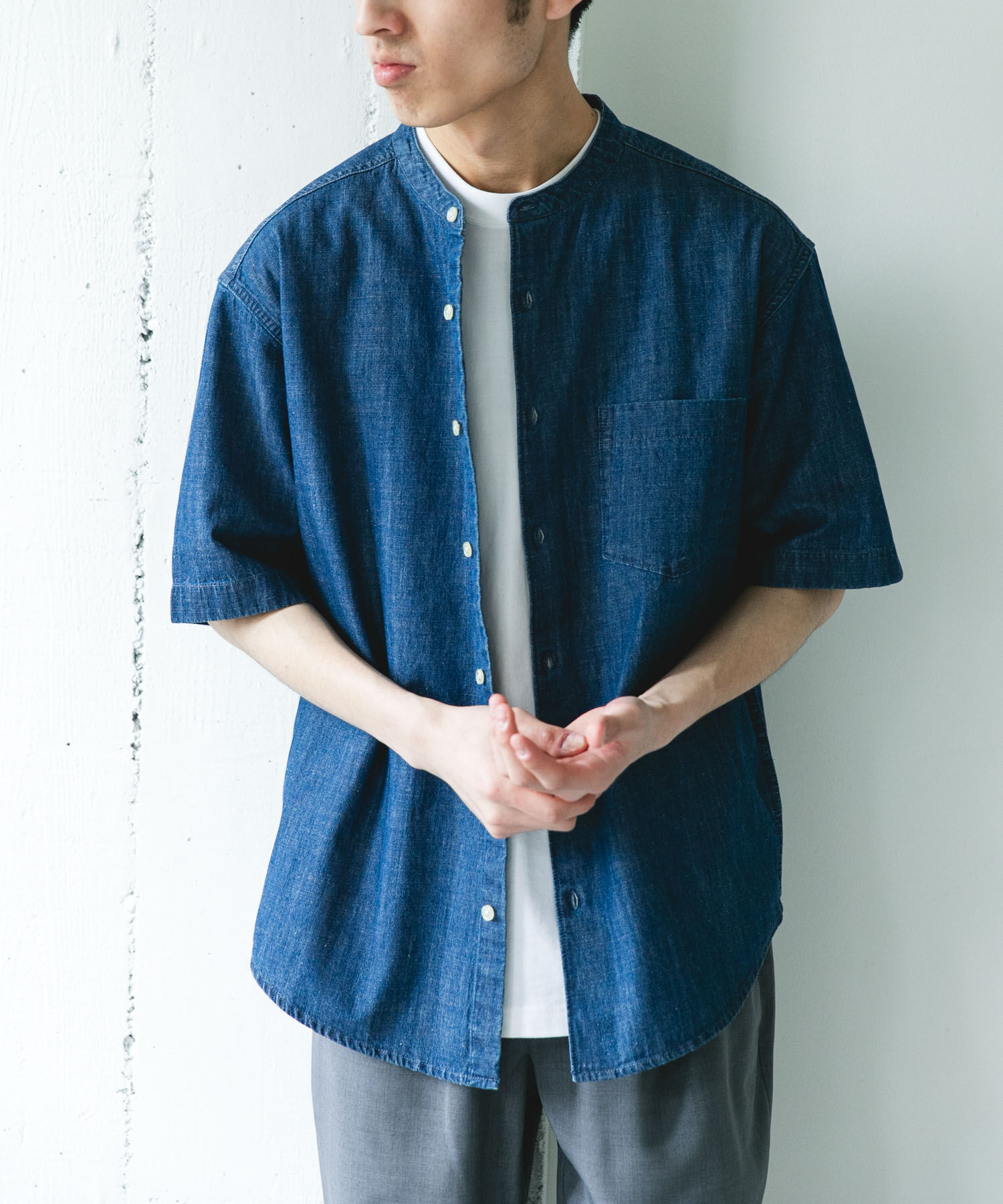 URBAN RESEARCH DOORS「リネンブレンド デニムバンドショートスリーブシャツ」|シャツ・ブラウス|