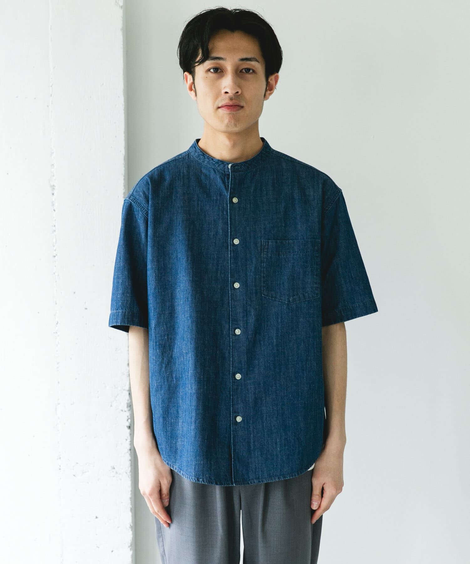 URBAN RESEARCH DOORS「リネンブレンド デニムバンドショートスリーブシャツ」|シャツ・ブラウス|