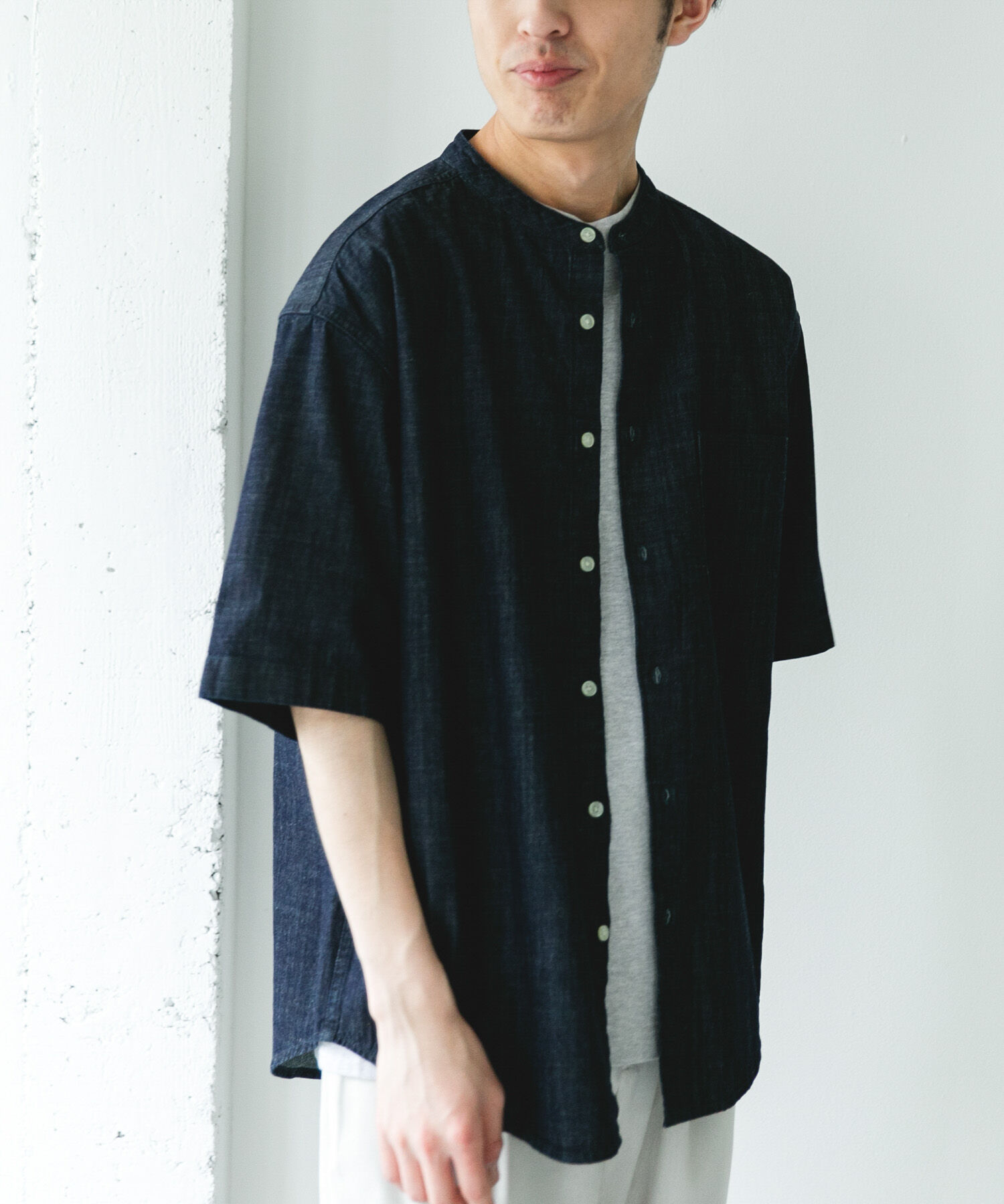 URBAN RESEARCH DOORS「リネンブレンド デニムバンドショートスリーブシャツ」|シャツ・ブラウス|