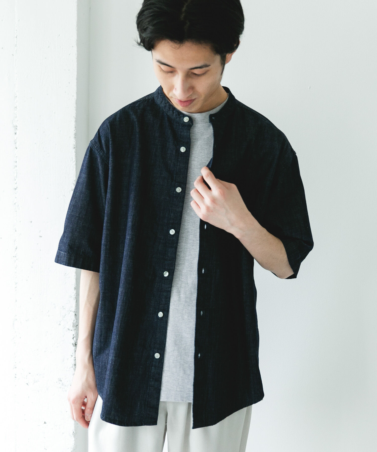 URBAN RESEARCH DOORS「リネンブレンド デニムバンドショートスリーブシャツ」|シャツ・ブラウス|