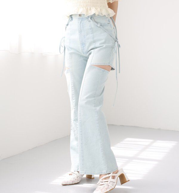  「【 XS/S/Mサイズ展開】サイドスリットリボン美脚デニムパンツ」|その他|