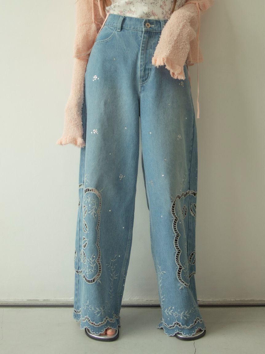 LILY BROWN「[L.B CANDY STOCK]カットワークビジューデニムパンツ」|デニム|