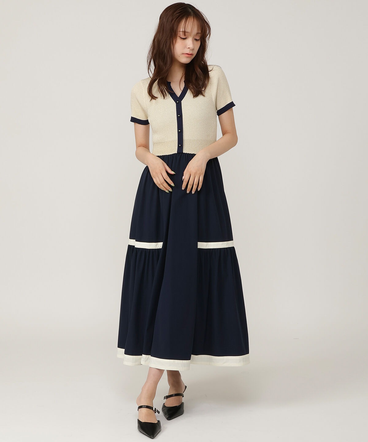 アンドクチュール「ラメ入り配色ドッキングワンピース」|ワンピース|ネイビー