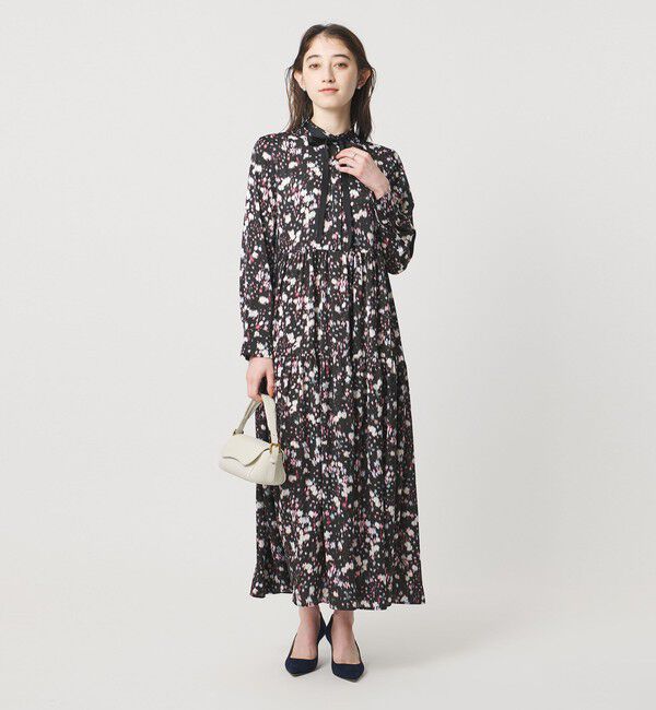 UNITED ARROWS「サテン フラワープリント ボウタイ ワンピース ‐ウォッシャブル‐」|ワンピース|