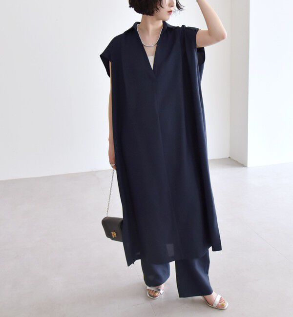 quaranciel「quaranciel:〈洗濯機可能〉リネン ライク スキッパー シャツ ワンピース＆パンツ セットアップ」|ワンピース|ネイビー